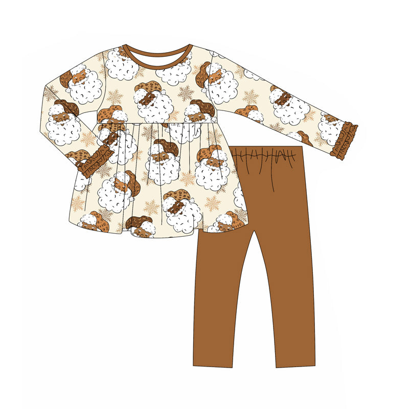 ( Moq 5 ) Preorder Baby Girl Long Sleeves Santa Tunic Brown Pants Christmas Clothes Set