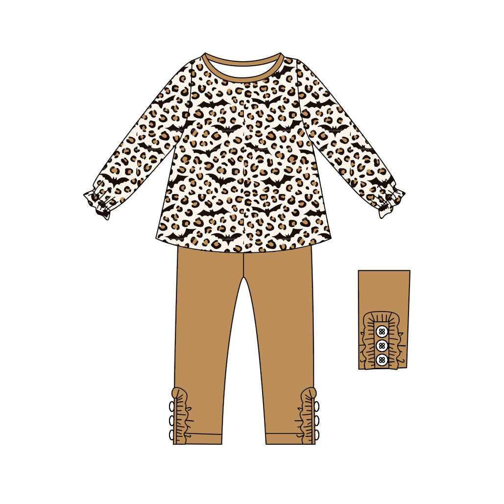 ( Moq 5 ) Preorder Baby Girl Long Sleeves Leopard Bats Tunic Ruffle Pants Halloween Set