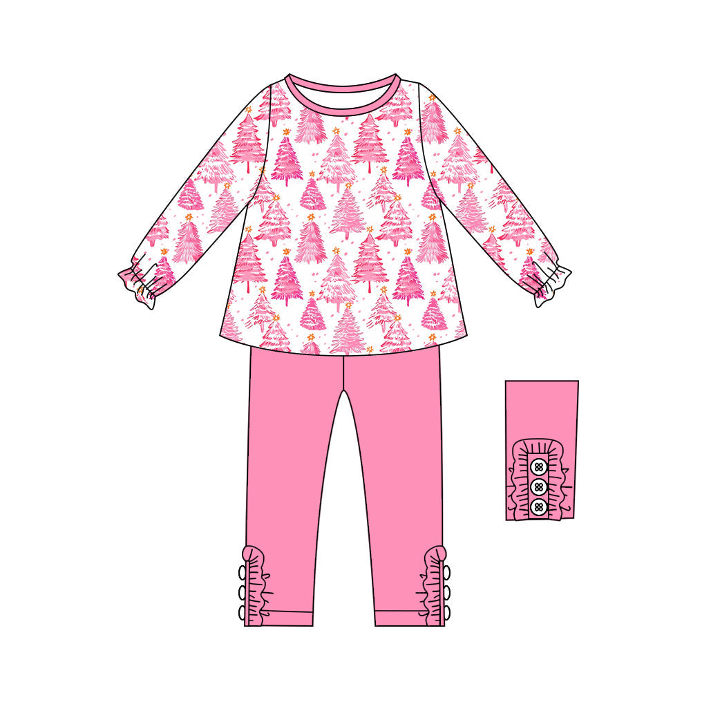 ( Moq 5 ) Preorder Baby Girl Long Sleeves Pink Tree Tunic Ruffle Pants Christmas Set