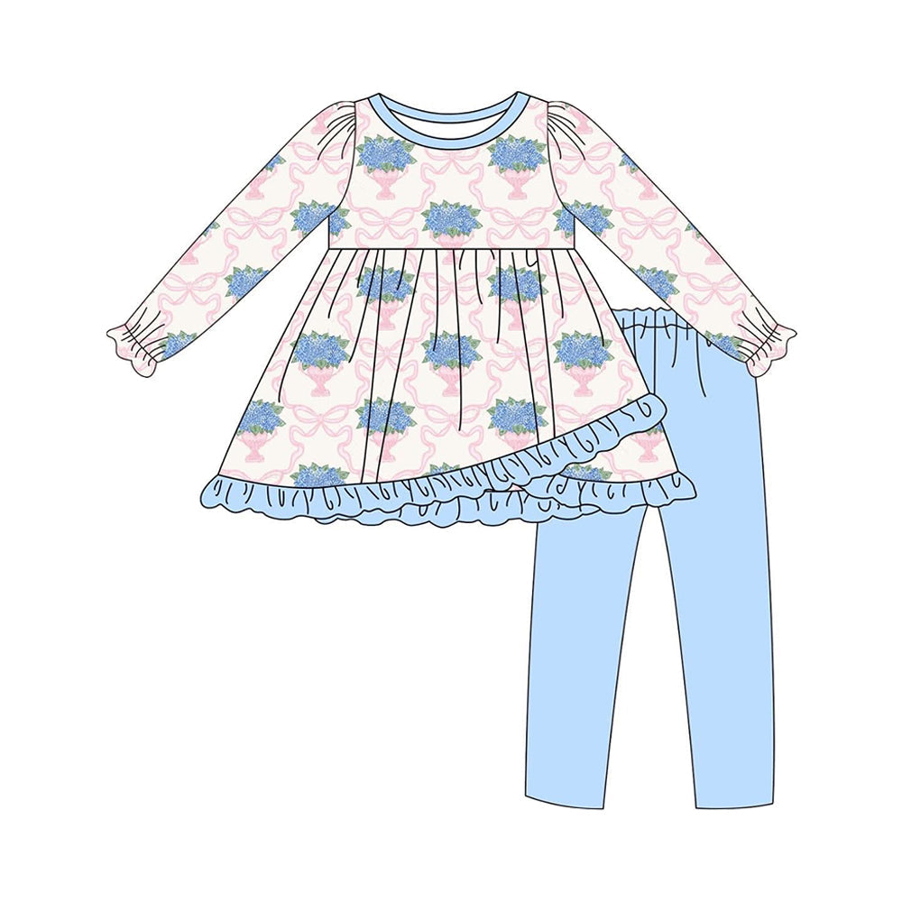 ( Moq 5 ) Preorder Baby Girl Long Sleeves Bows Flower Ruffle Tunic Blue Pants Set