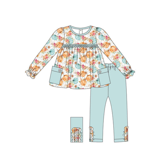 ( Moq 5 ) Preorder Baby Girl Long Sleeves Flower Pumpkins Pockets Tunic Pants Fall Set