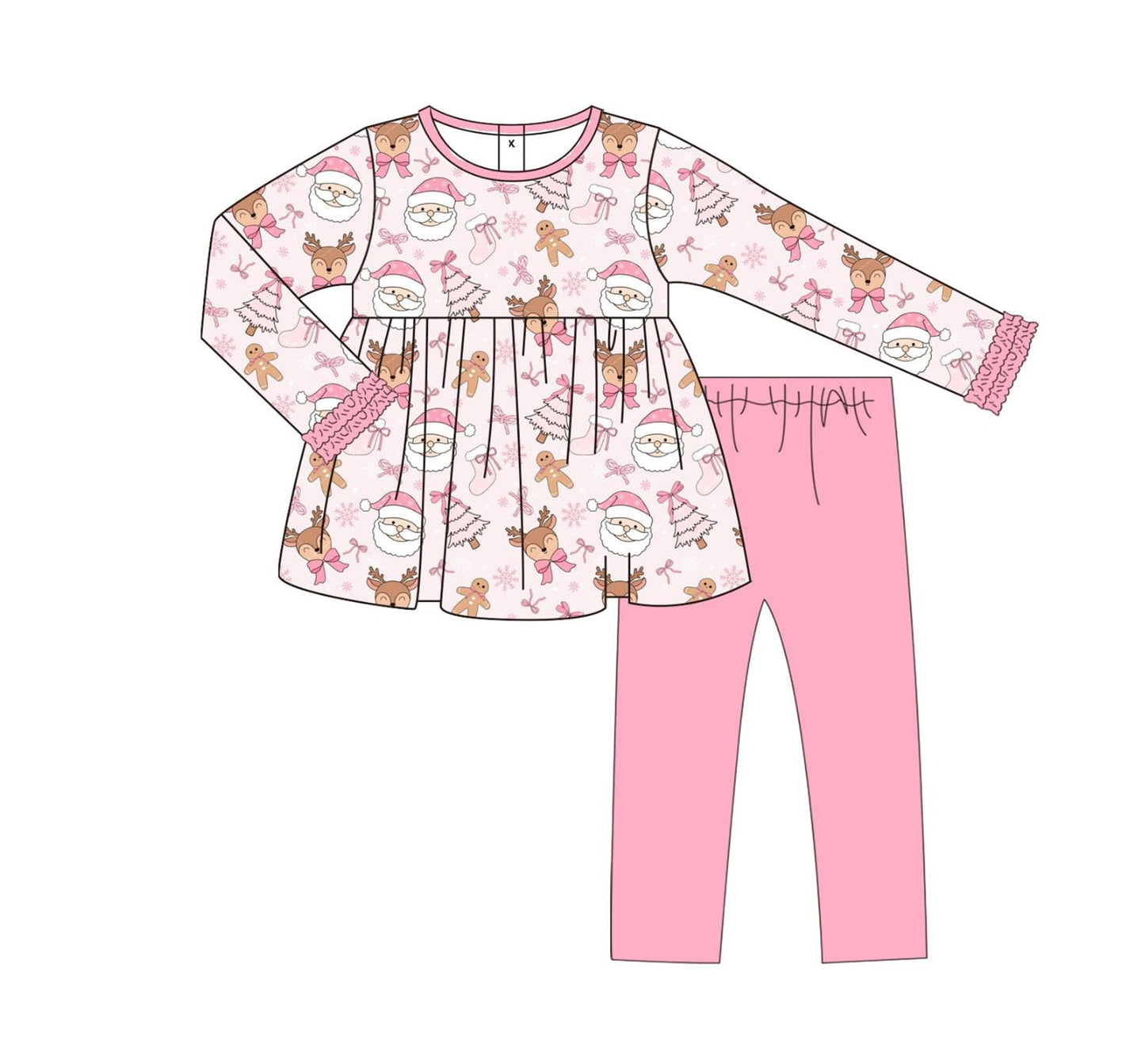 ( Moq 5 ) Preorder Baby Girl Long Sleeves Santa Bows Gingerbread Tunic Pink Pants Christmas Set