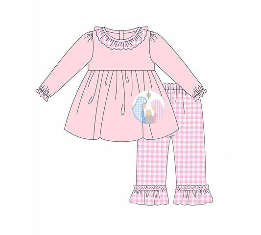 ( Moq 5 ) Preorder Baby Girl Pink Long Sleeves Nativity Tunic Plaid Ruffle Pants Christmas Set