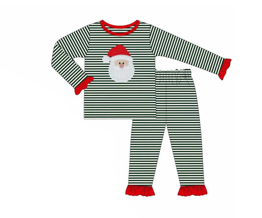 ( Moq 5 ) Preorder Baby Girl Long Sleeves Green Stripes Santa Shirt Pants Pajamas Christmas Set