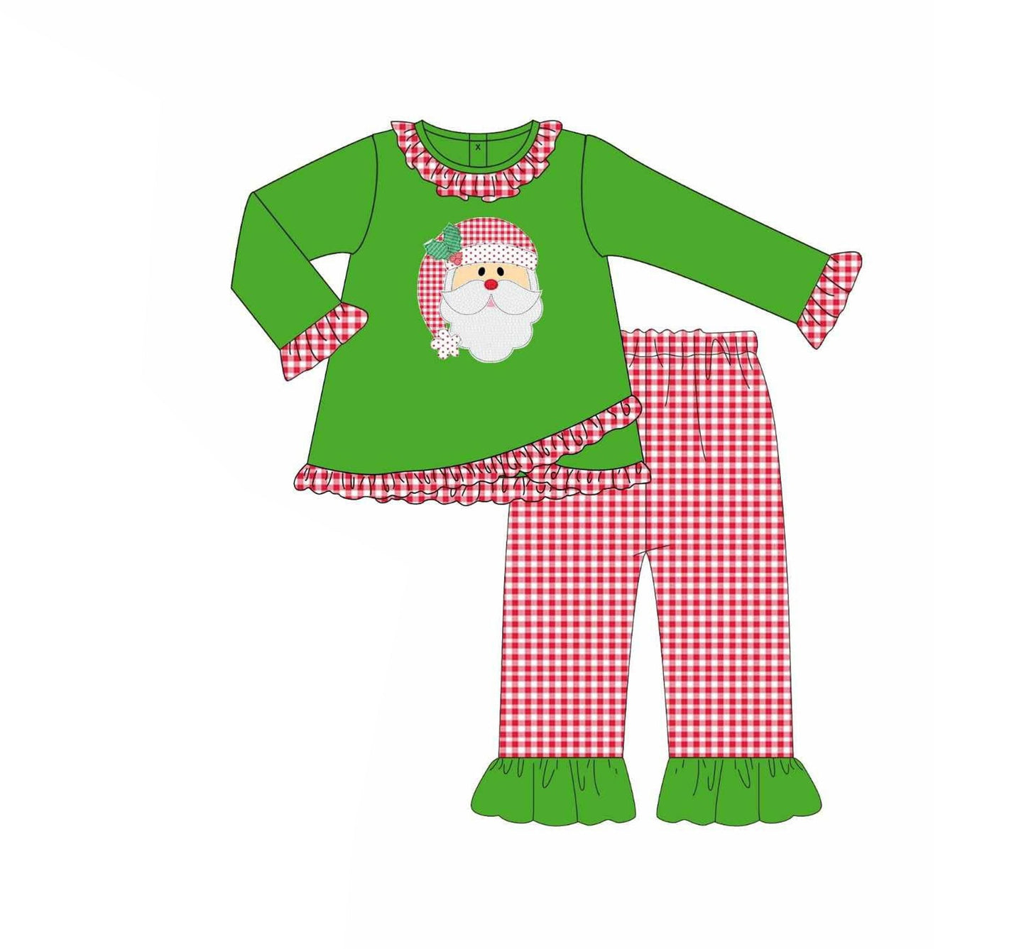 ( Moq 5 ) Preorder Baby Girl Green Long Sleeves Santa Ruffle Tunic Plaid Pants Christmas Set