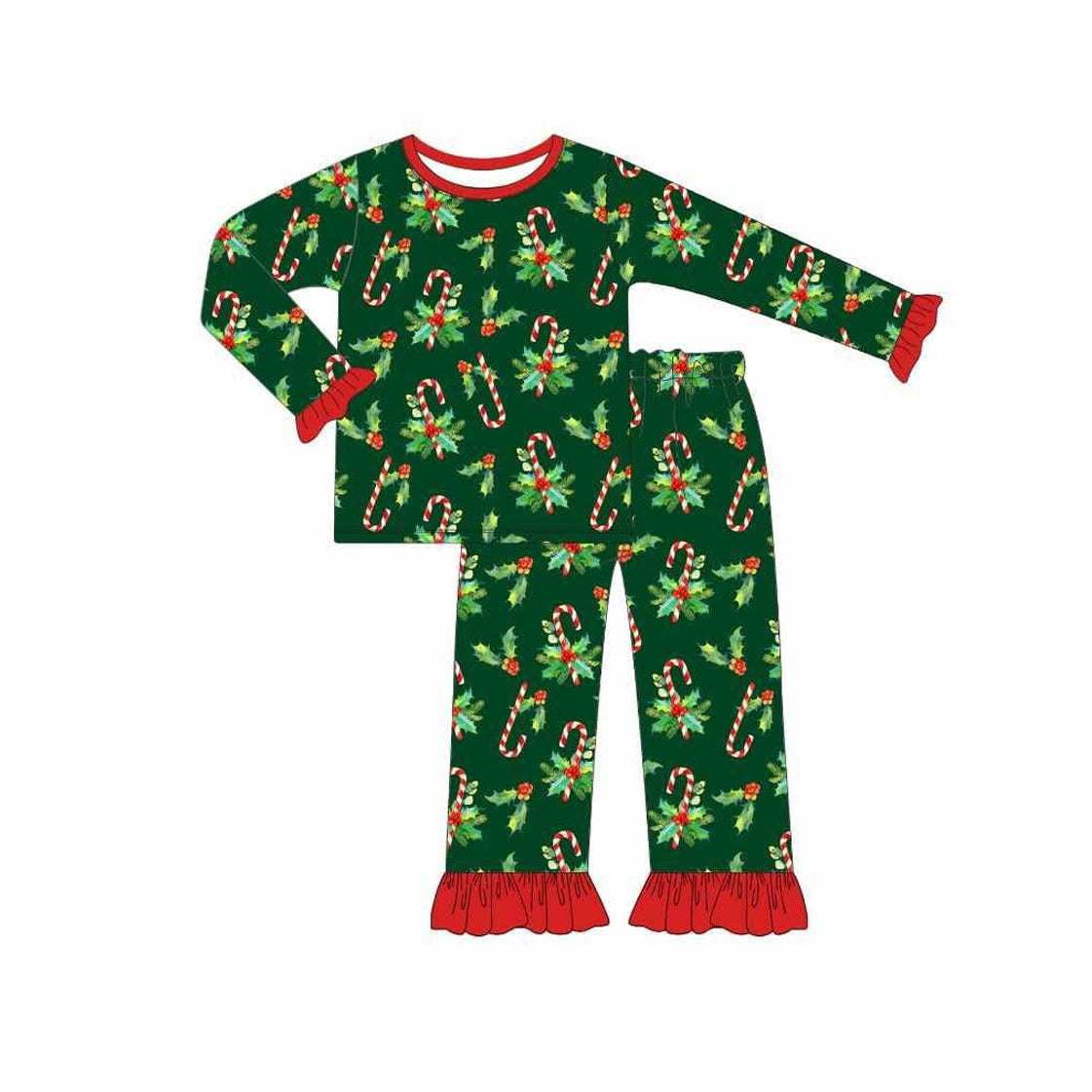 ( Moq 5 ) Preorder Baby Girl Green Long Sleeves Candy Cane Shirt Pants Pajamas Christmas Set