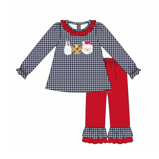 ( Moq 5 ) Preorder Baby Girl Long Sleeves Milk Cake Santa Plaid Tunic Red Ruffle Pants Christmas Set