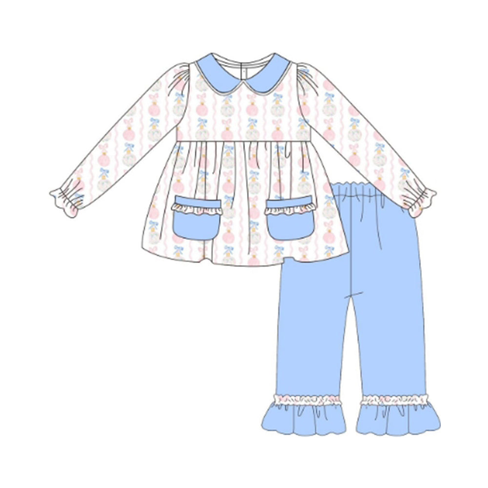 ( Moq 5 ) Preorder Baby Girl Long Sleeves Pumpkins Bows Pockets Tunic Blue Pants Set