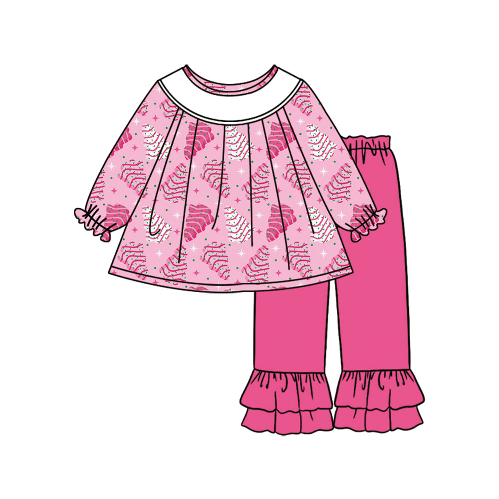 ( Moq 5 ) Preorder Baby Girl Long Sleeves Cake Trees Tunic Pink Ruffle Pants Christmas Set