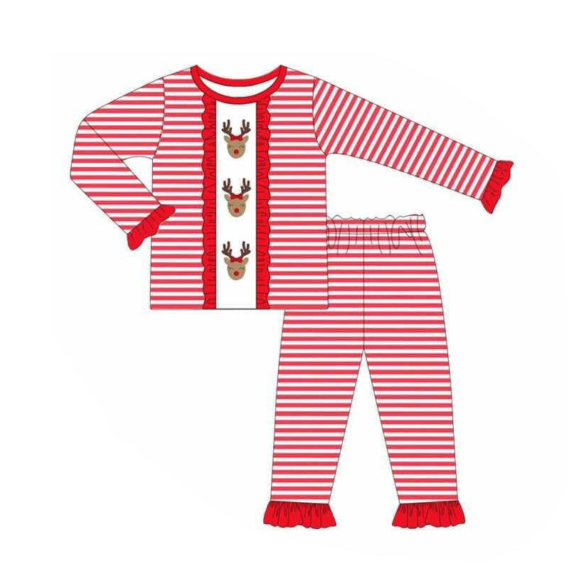( Moq 5 ) Preorder Baby Girl Long Ruffle Sleeves Deer Shirt Pants Red Stripes Christmas Pajamas Set