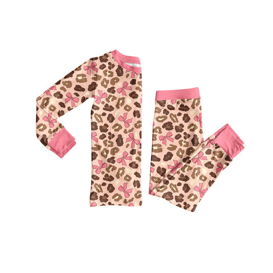 ( Moq 5 ) Preorder Baby Girl Long Sleeves Pink Bows Leopard Shirt Pants Pajamas Set