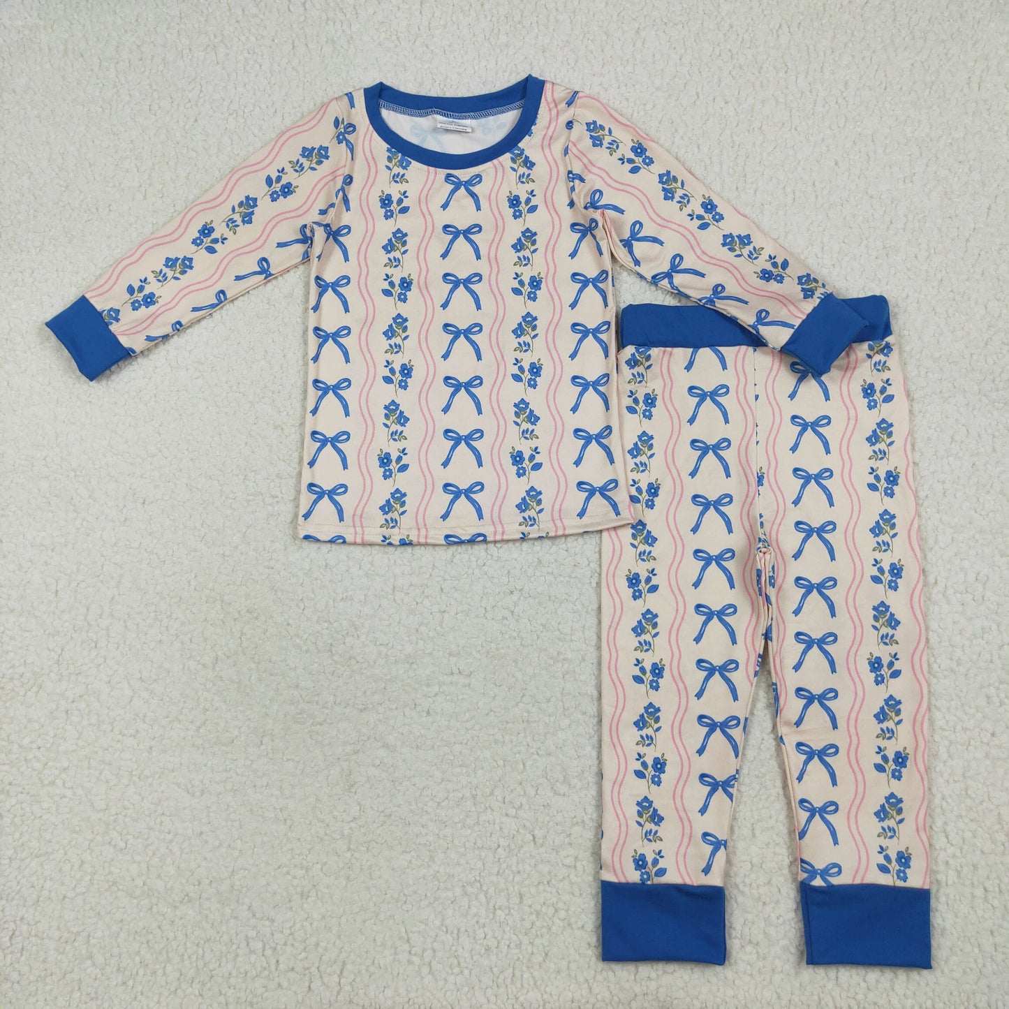 Baby Girl Toddler Blue Bows Flower Sibling Romper Pajamas Set Clothes RTS