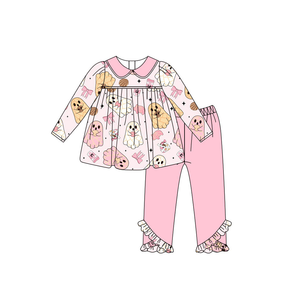 ( Moq 5 ) Preorder Baby Girl Long Sleeves Bows Ghosts Tunic Ruffle Pink Pants Halloween Set