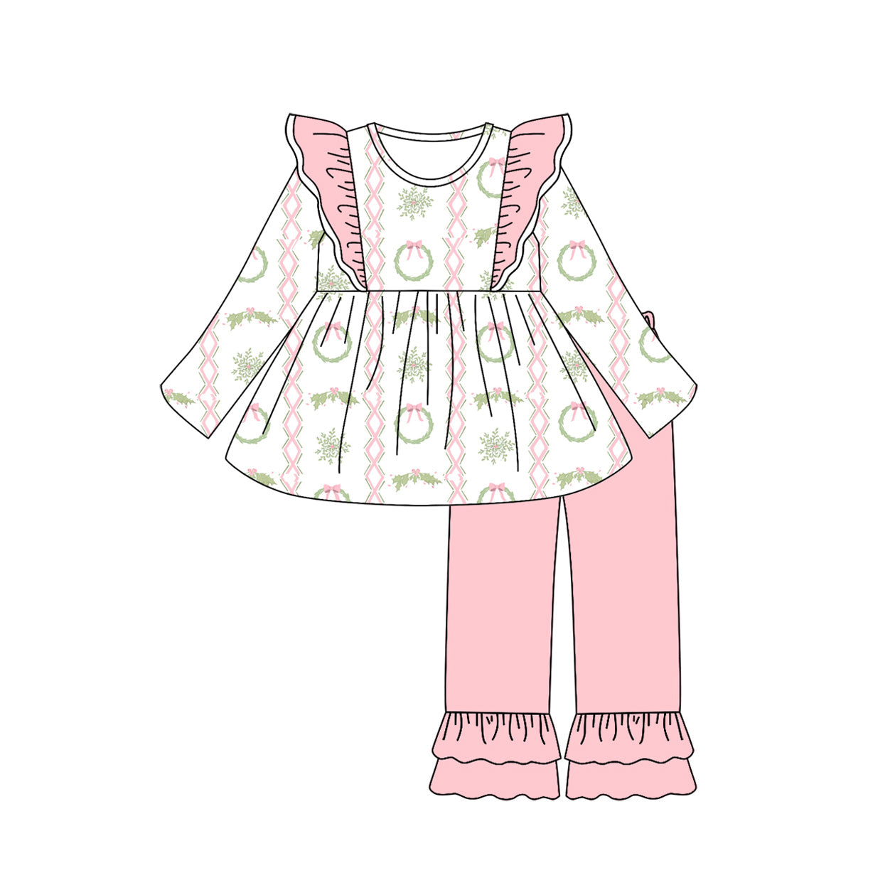 ( Moq 5 ) Preorder Baby Girl Long Sleeves Holly Bows Tunic Pink Pants Christmas Clothes Set