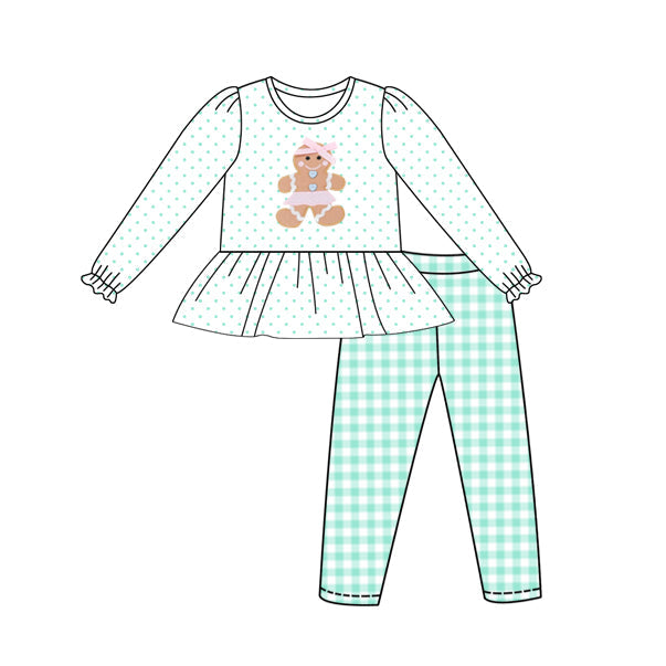 ( Moq 5 ) Preorder Baby Girl Long Sleeves Gingerbread Bow Shirt Plaid Pants Christmas Clothes Set