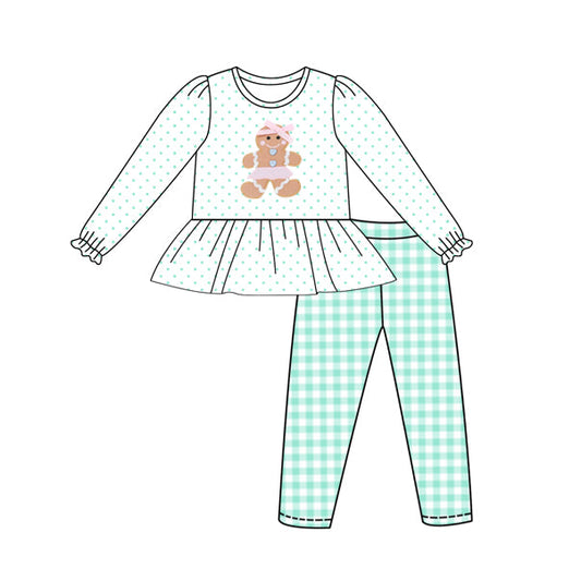 ( Moq 5 ) Preorder Baby Girl Long Sleeves Gingerbread Bow Shirt Plaid Pants Christmas Clothes Set