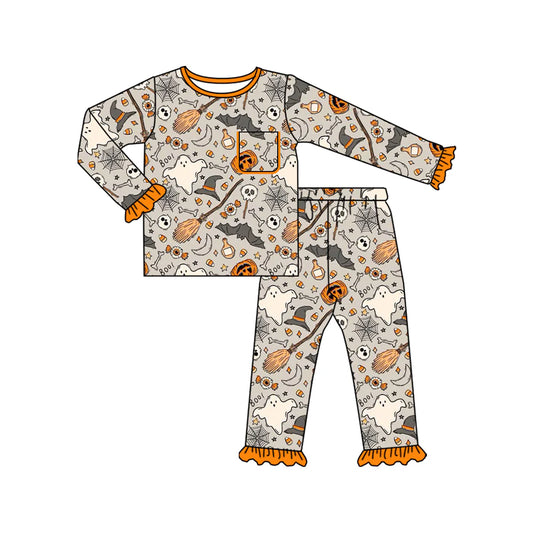 ( Moq 5 ) Preorder Baby Girl Long Sleeves Ghost Pumpkin Shirt Pants Halloween Pajamas Clothes Set