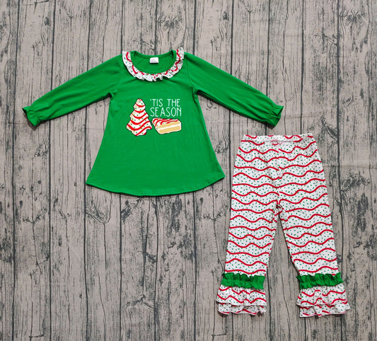 ( No moq ) Preorder Baby Girl Long Sleeves Cakes Green Tunic Ruffle Pants Christmas Set Clothes