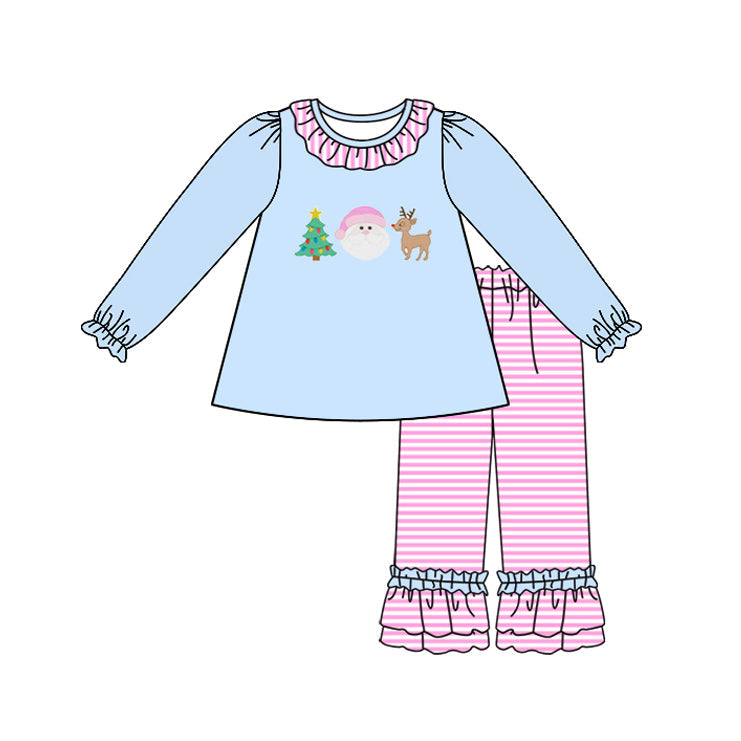 ( Moq 5 ) Preorder Baby Girl Long Sleeves Santa Deer Tree Tunic Stripes Ruffle Pants Christmas Set Clothes