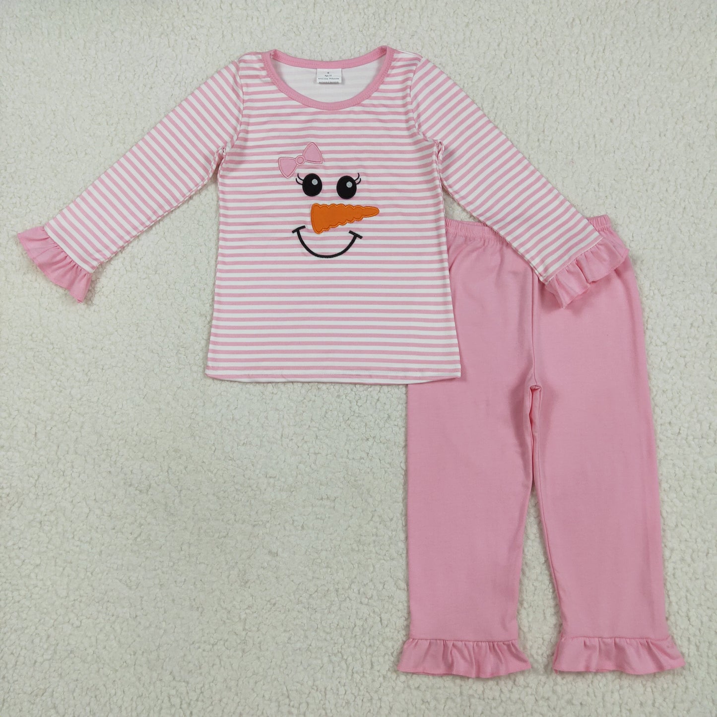 Sibling Boys Girls Long Sleeves Embroidery Christmas Snowman Shirt Stripes Pants Outfit RTS