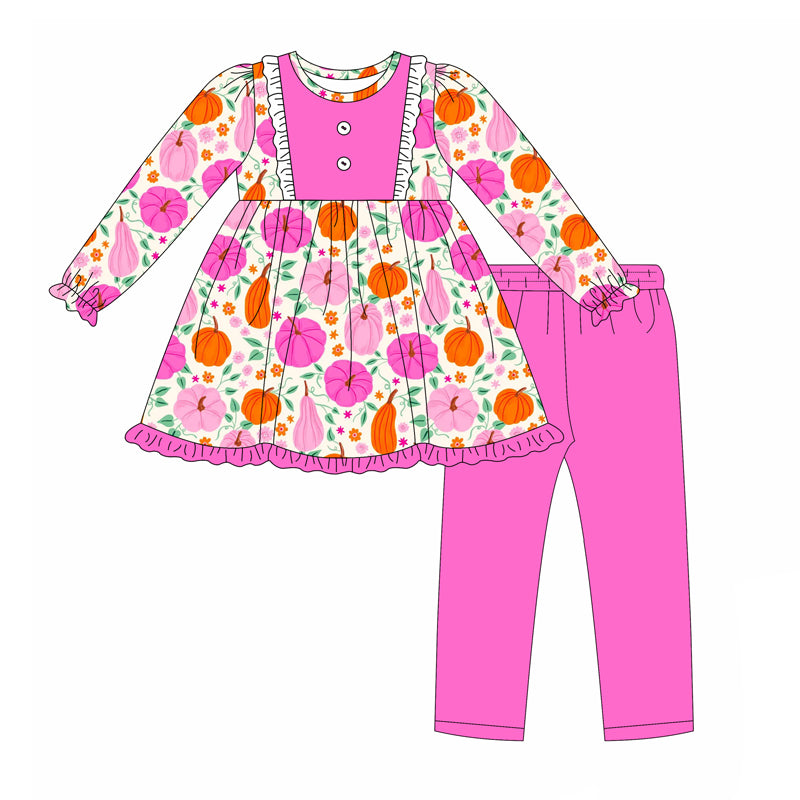 ( Moq 5 ) Preorder Baby Girl Long Sleeves Pumpkin Flower Tunic Pink Legging Pants Fall Set Clothes