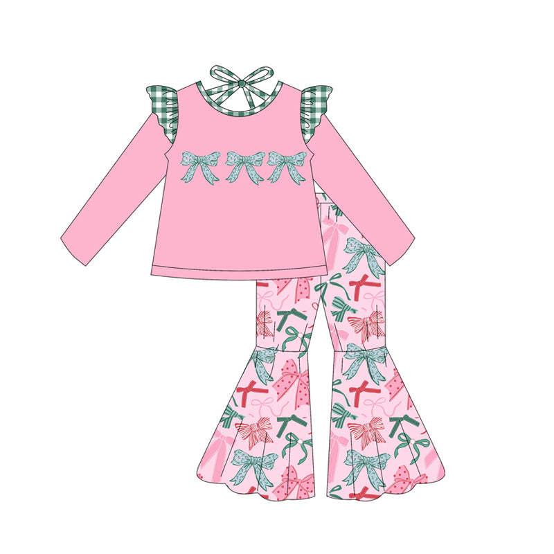 ( Moq 5 ) Preorder Baby Girl Long Sleeves Christmas Bows Shirt Bell Pants Pink Set