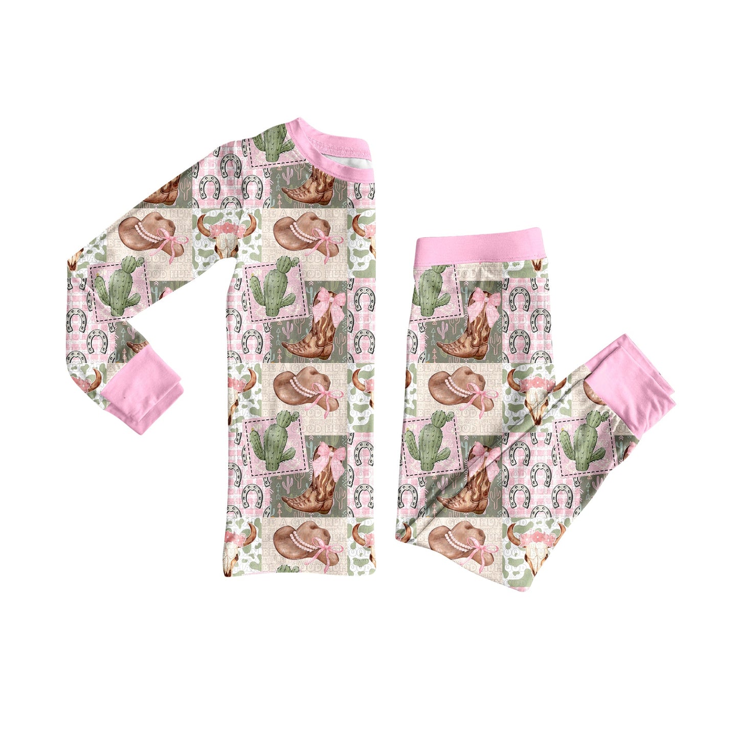 ( Moq 5 ) Preorder Baby Girl Long Sleeves Western Bows Boots Cactus Shirt Pants Pajamas Set