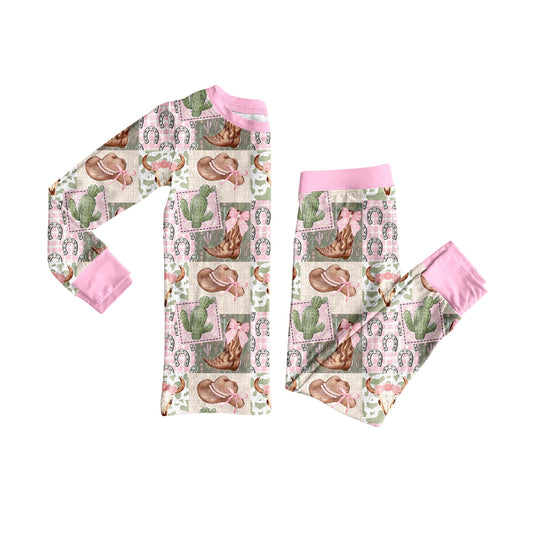 ( Moq 5 ) Preorder Baby Girl Long Sleeves Western Bows Boots Cactus Shirt Pants Pajamas Set