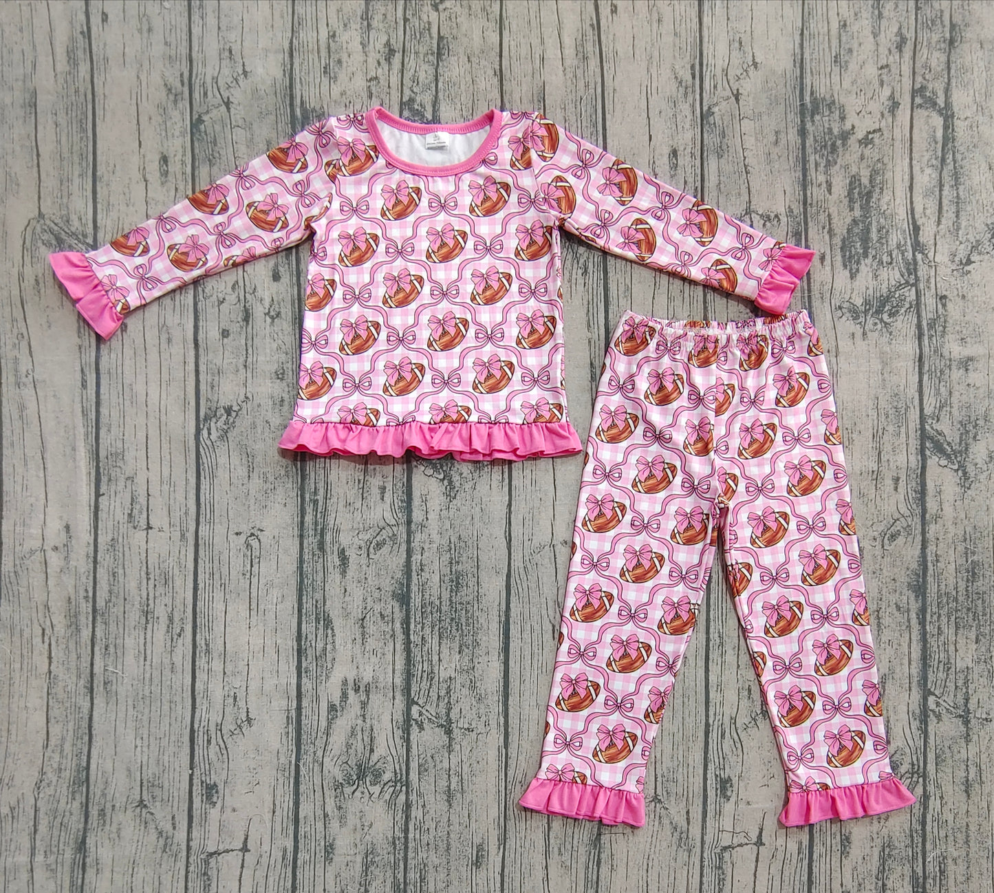 Baby Girl Long Sleeves Football Bows Pink Checked Shirt Pants Pajamas Set RTS