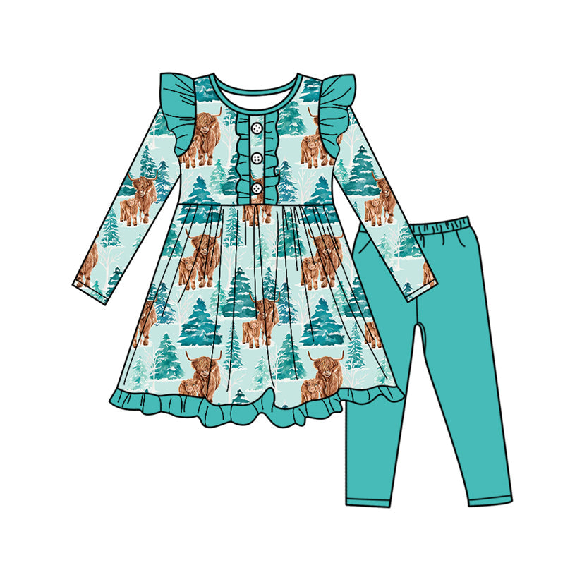 ( Moq 5 ) Preorder Baby Girl Long Sleeves Western Cows Tree Ruffle Tunic Green Pants Christmas Set