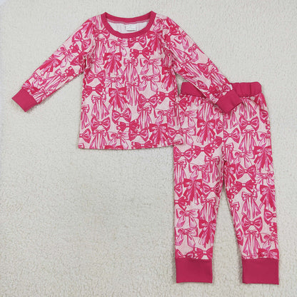 Baby Girl Long Sleeves Pink Bows Sibling Pajamas Footie Zipper Romper Set RTS