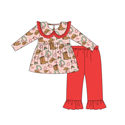 ( Moq 5 ) Preorder Baby Girl Long Sleeves Christmas Holly Boots Tunic Red Pants Set