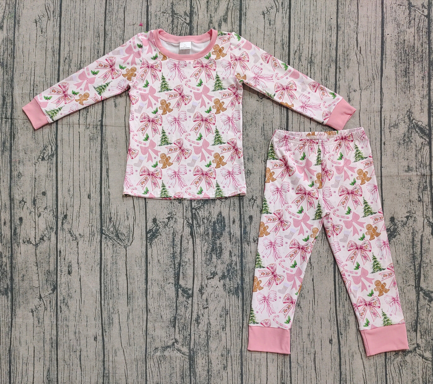 ( No moq ) Preorder Baby Girl Long Sleeves Christmas Bows Trees Gingerbread Shirt Pants Pajamas Set