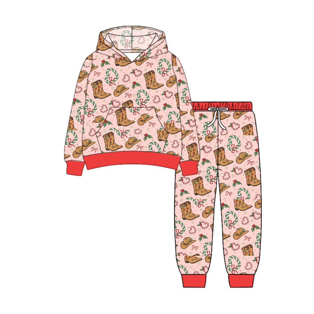( Moq 5 ) Preorder Baby Girl Long Sleeves Christmas Holly Boots Pocket Hoodie Shirt Pants Set