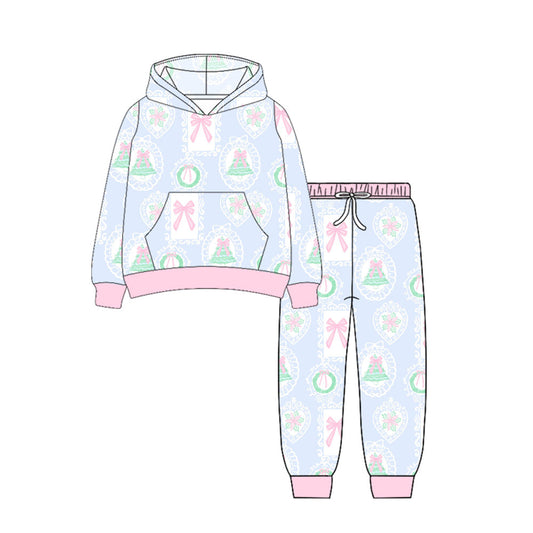 ( Moq 5 ) Preorder Baby Girl Long Sleeves Christmas Holly Bows Tree Pocket Hoodie Shirt Pants Set