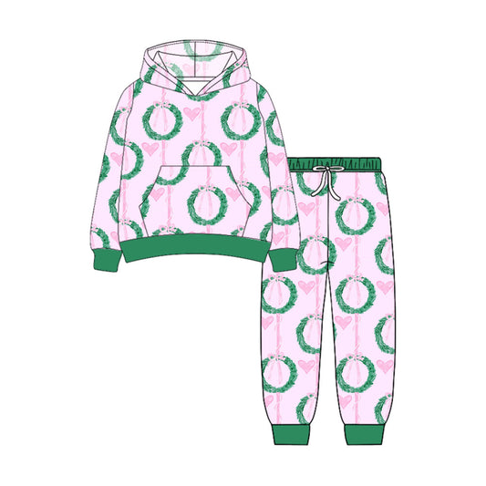 ( Moq 5 ) Preorder Baby Girl Long Sleeves Christmas Holly Hearts Pocket Hoodie Shirt Pants Set