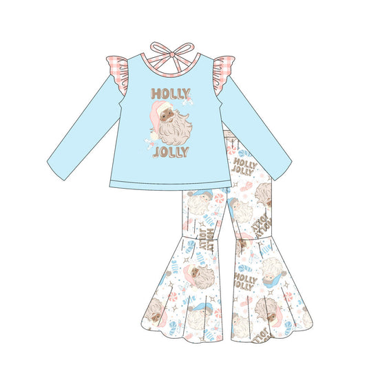 ( Moq 5 ）Preorder Baby Girl Blue Long Sleeves Holly Shirt Santa Bell Pants Christmas Clothes Set