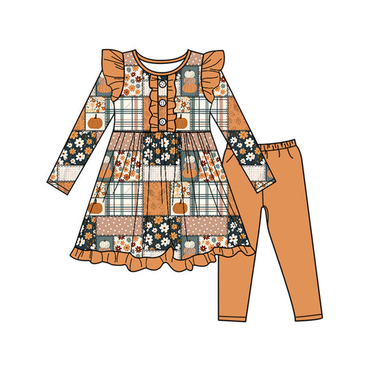 ( Moq 5 ) Preorder Baby Girl Long Sleeves Pumpkins Flower Plaid Tunic Orange Pants Fall Clothes Set
