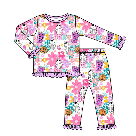 ( Moq 5 ) Preorder Baby Girl Long Sleeves Halloween Ghost Flower Purple Shirt Pants Pajamas Set