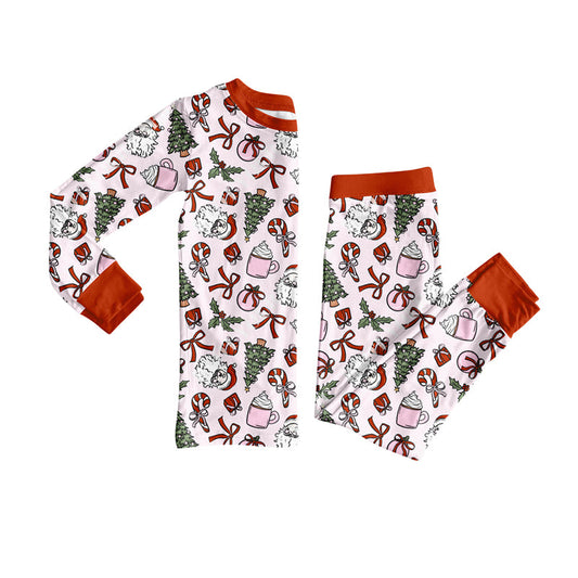 ( Moq 5 ) Preorder Baby Girl Long Sleeves Santa Bows Christmas Shirt Pants Pink Pajamas Clothes Set