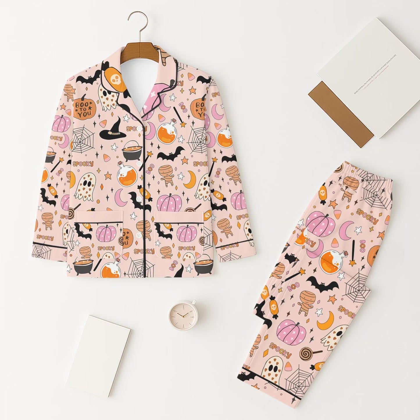 ( Moq 5 ) Preorder Baby Girl Long Sleeves Halloween Pumpkin Ghost Buttons Tops Pants Pajamas Clothes Set