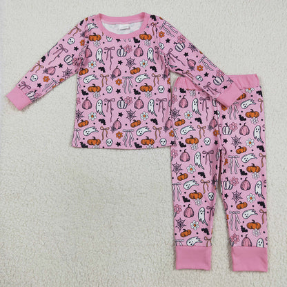 Baby Girl Long Sleeves Ghost Pumpkins Bows Flower Sibling Halloween Pajamas Romper Set RTS