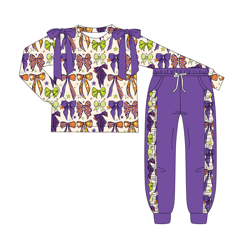 ( Moq 5 ) Preorder Baby Girl Long Sleeves Bows Shirt Ruffle Purple Pants Halloween Clothes Set