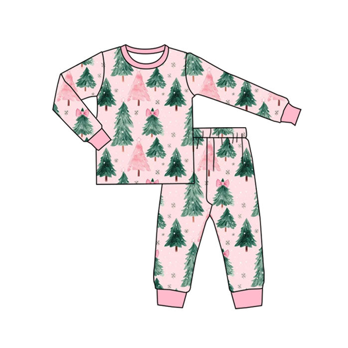 ( Moq 5 ) Preorder Baby Girl Long Sleeves Christmas Tree Bows Shirt Pants Set Pajamas