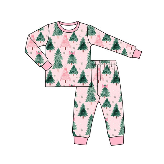 ( Moq 5 ) Preorder Baby Girl Long Sleeves Christmas Tree Bows Shirt Pants Set Pajamas