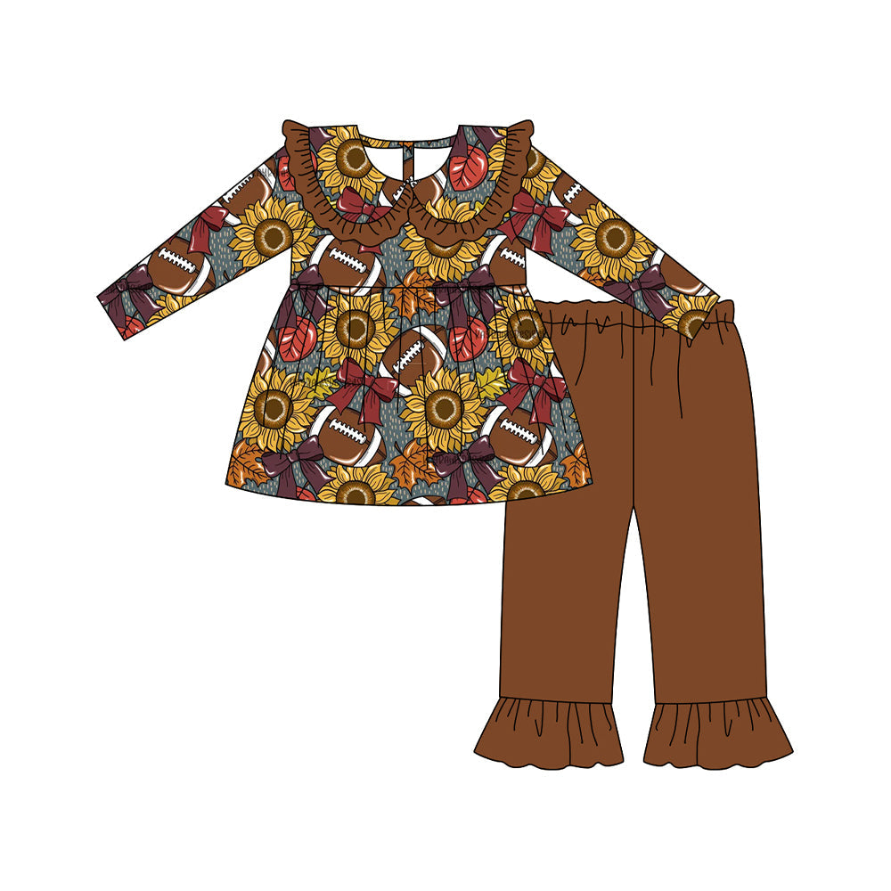 ( Moq 5 ) Preorder Baby Girl Long Sleeves Sunflowers Bows Football Tunic Brown Pants Fall Set