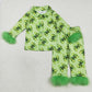Girls Kids Bows Plaid Green Face Buttons Shirt Pants Sibling Fur Pajamas Christmas Set RTS
