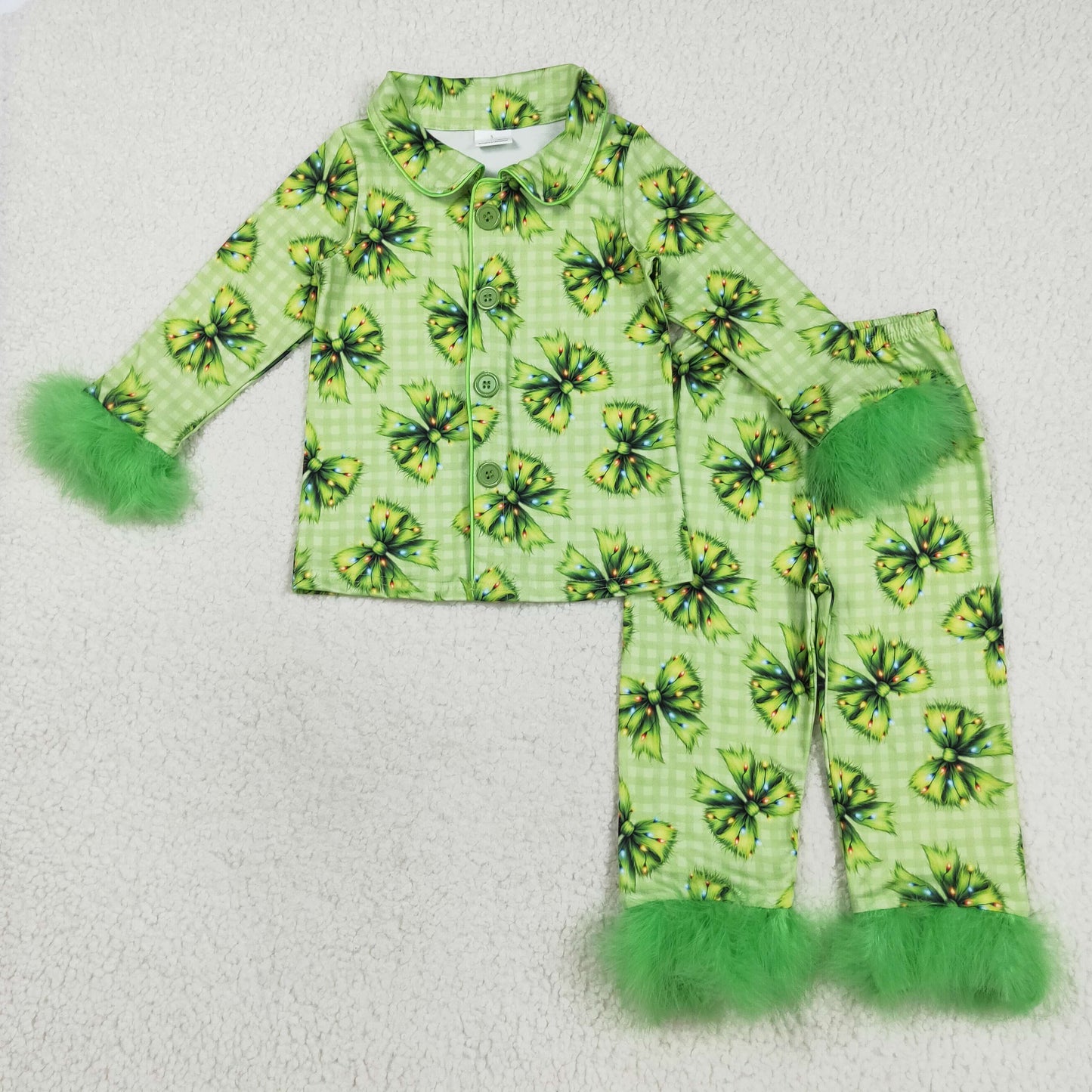 Girls Kids Bows Plaid Green Face Buttons Shirt Pants Sibling Fur Pajamas Christmas Set RTS