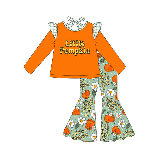 ( Moq 5 ) Preorder Baby Girl Long Sleeves Little Pumpkins Shirt Flower Bell Pants Fall Set