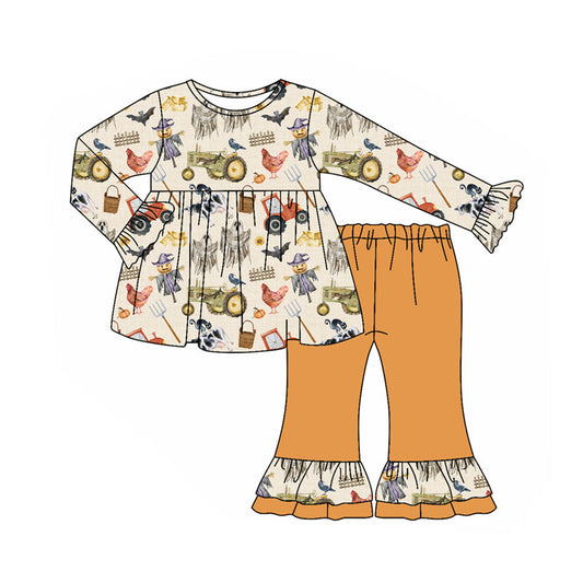( Moq 5 ) Preorder Baby Girl Long Sleeves Farm Animals Tracks Ghosts Pumpkins Tunic Pants Halloween Fall Set